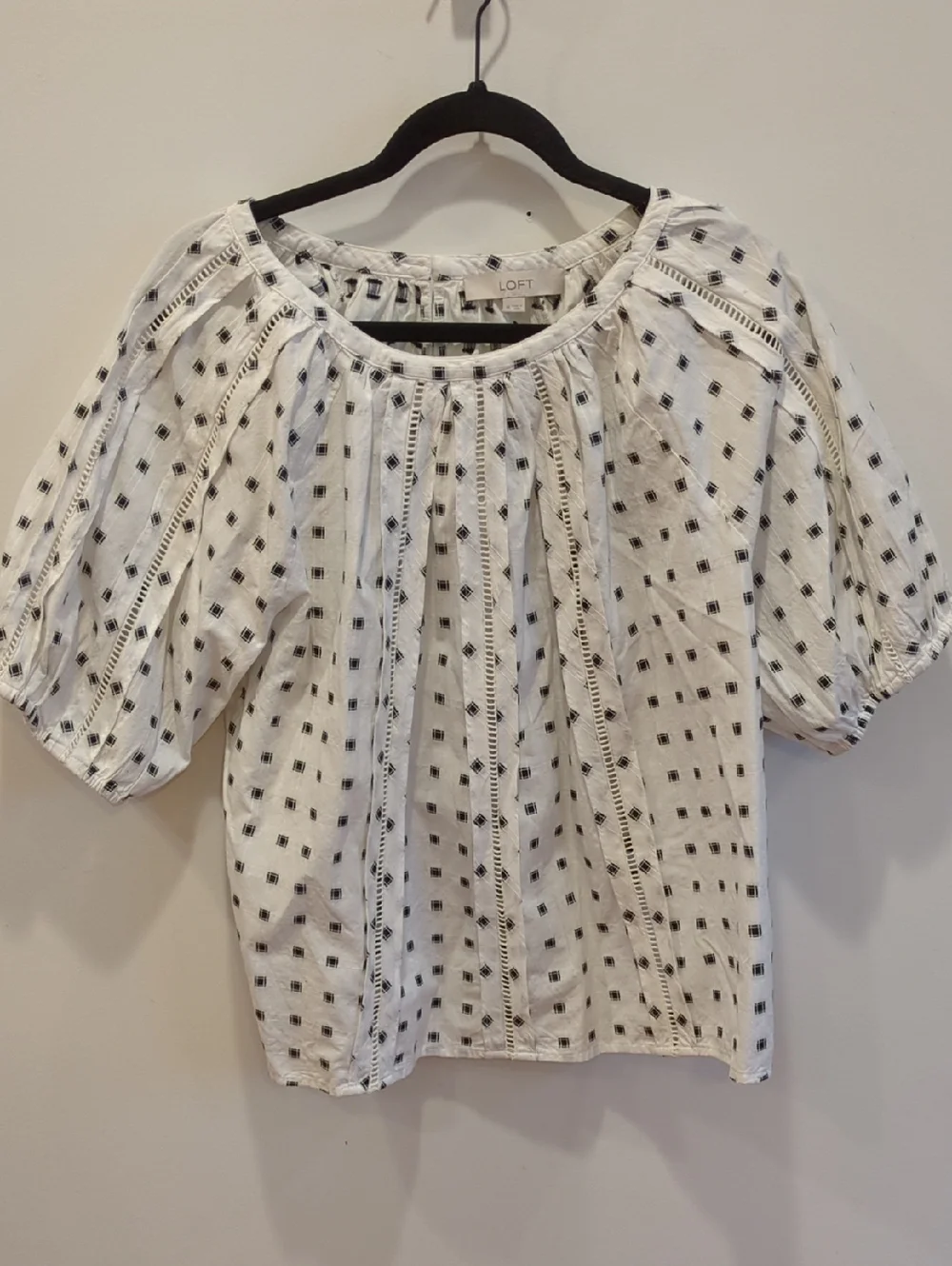 LOFT White Blouse Black Square Dot Embroidery Medium Whimsy Boho Cottage Summer